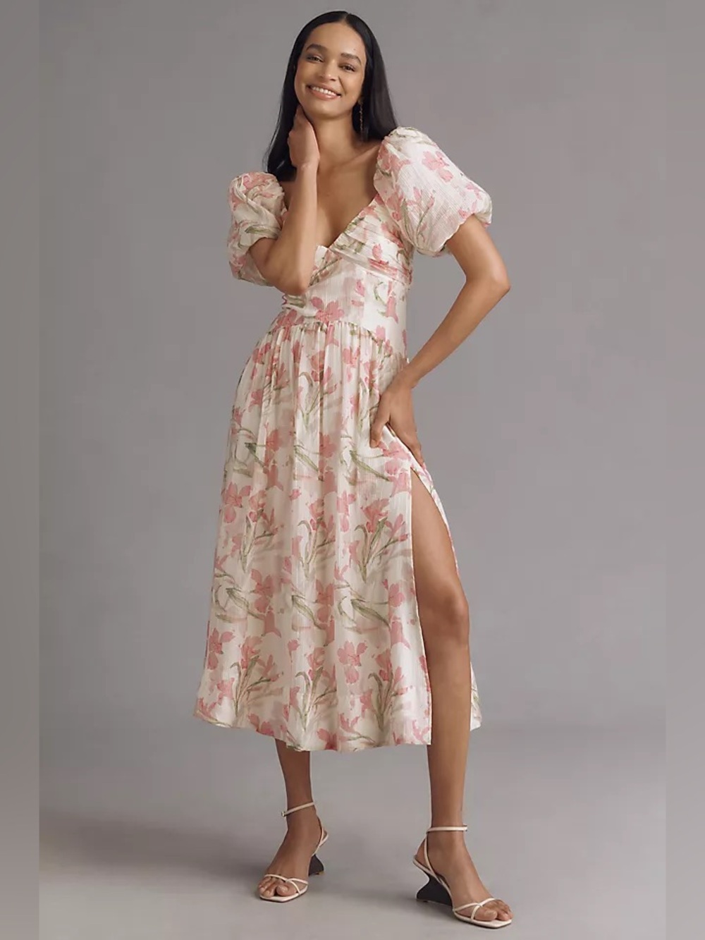 ASTR the Label Sasilia Romantic Floral Print Puff Sleeve Midi Dress Size XS
